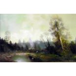 Oil on canvas  Continental wooden scene, river and