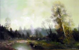 Oil on canvas  Continental wooden scene, river and