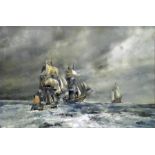 Oil on canvas Maritime scene showing galleons in a