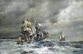 Oil on canvas Maritime scene showing galleons in a