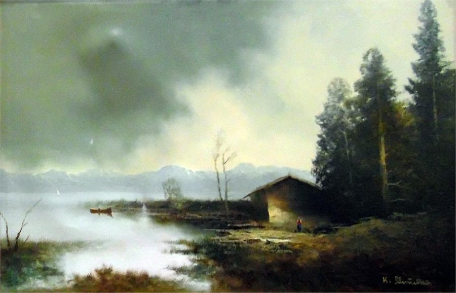 Oil on canvas  Continental lake scene, mountains i