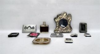 Art Nouveau style silver picture frame, other assorted silver plate picture frames, hip flask,