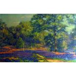 Pastel Bluebell woods in the evening sun, signed l