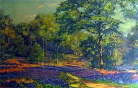 Pastel Bluebell woods in the evening sun, signed l