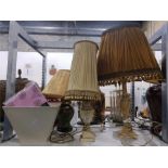Four various table lamps with shades, four shades