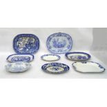 Quantity of blue and white pottery meat plates, di