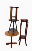 Oak jardiniere stand and three side tables, variou