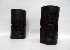 Pair of Oriental bamboo relief-carved brush pots,