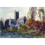 Watercolour drawing Large cathedral, trees on the