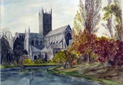 Watercolour drawing Large cathedral, trees on the