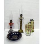 Glass and wood paraffin lamp, another, a large woo