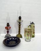 Glass and wood paraffin lamp, another, a large woo