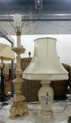 Large cream carved table lamp and a white ceramic