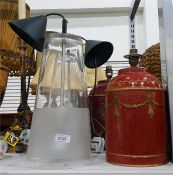 Two various table lamps and two glass hanging ligh