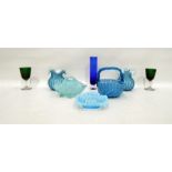 Pair of blue cased glass frilled rim vases, furthe
