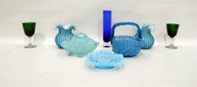 Pair of blue cased glass frilled rim vases, furthe