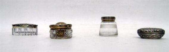 Cut glass circular pin jar with silver top, anothe