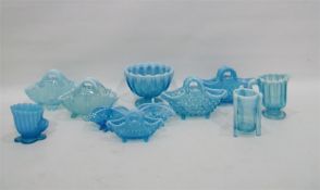Quantity of turquoise vaseline-type glass items, p