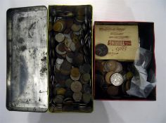 Two boxes of English and foreign coins, some silver