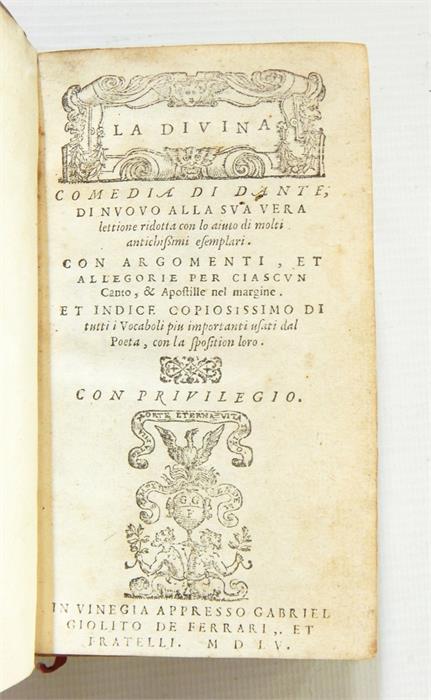 Dante 'The Divine Comedy of Dante' Venice, Gabriele Giolito de Ferrari 1555. 12mo. vellum binding, - Image 2 of 4