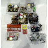 Large quantity of English and foreign coins plus box of tokens and military buttons