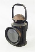 GWR railway signal box lamp with hoop handle, copper top, the circular glass lens etched 'GWR' to