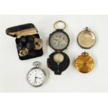 Ingersoll pocket watch, two handheld compasses, watch case and various buttons (1 box)
