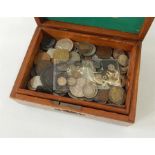 Assorted world coins in box, to include Indian coins, UK coins, notes, etc