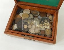 Assorted world coins in box, to include Indian coins, UK coins, notes, etc