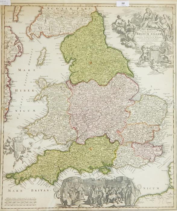 Map of "Magnai Britanniae ... Regnum Angliae ... Exhibet Ioh Bapt Homan Noribergae", coloured map,