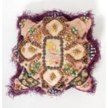 20th century sweetheart cushion with forget-me-not labels "Faith, Hope and Charity", beaded