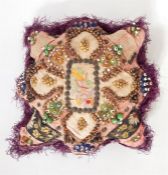 20th century sweetheart cushion with forget-me-not labels "Faith, Hope and Charity", beaded