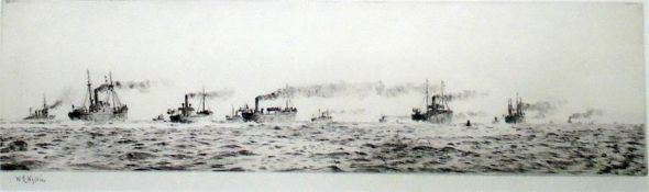 W L Wyllie Signed etching “A Swept Channel in the North Sea”, depicting various steam vessels,