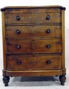 Victorian walnut veneered semi-bowfronted chest of two short and three long drawers, each with