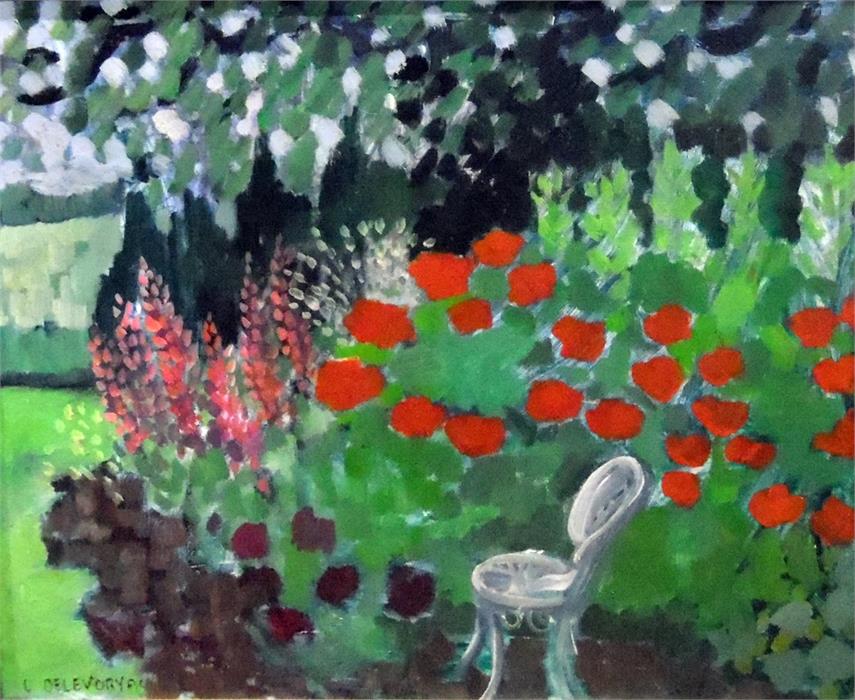 L Delevoryas (20th century school) Oil on board Garden scene, signed lower left, 38cm x 49cm