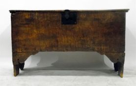 Antique oak chest with metal escutcheon, on bracket supports, 110cm wide