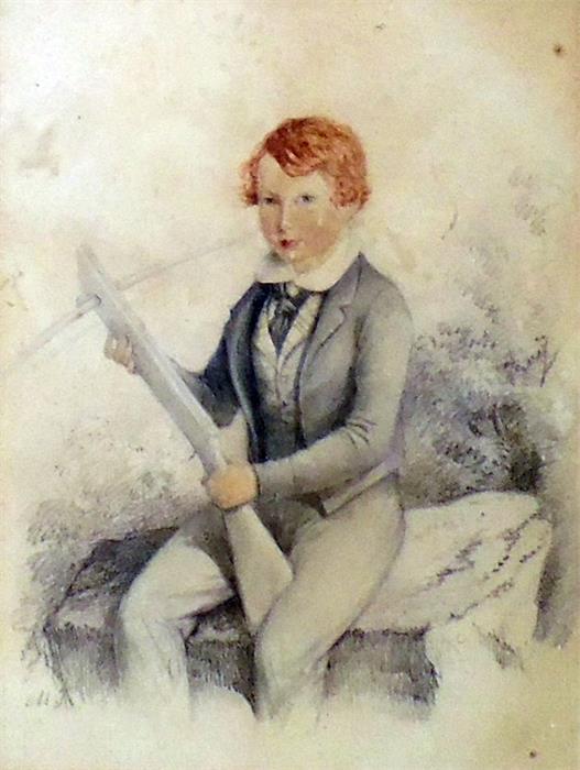 Unattributed Watercolours Portrait of a young boy with crossbow, initialled lower left, 22.5cm x - Image 2 of 8