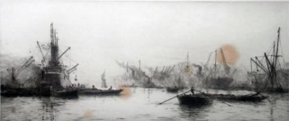 W L Wyllie Signed etching “Royal Albert Dock” with rowing boat in foreground, steam and other