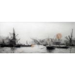 W L Wyllie Signed etching “Royal Albert Dock” with rowing boat in foreground, steam and other