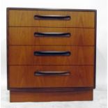 Teak G-Plan chest of four long drawers raised on a plinth base, width 72cm