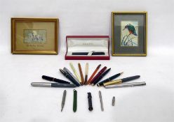 Sheaffer fountain pen in original box, assorted other pens including Parker, etc, a stevengraph, the