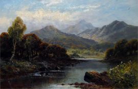 Charles Leader  Oil on canvas  River landscape scene with mountains in background, signed lower