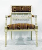 Cream painted Edwardian square-backed elbow chair with turned spindle gallery and on turned supports