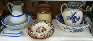 Staffordshire stoneware ewer and basin, white ground with blue floral decoration, Victorian soup