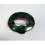 Silver-coloured metal and malachite mounted brooch, buckle-shaped