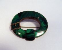 Silver-coloured metal and malachite mounted brooch, buckle-shaped