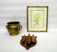 Hall wooden fitted clothes brush set on a wood shaped shield, a brass coal box and a framed print,