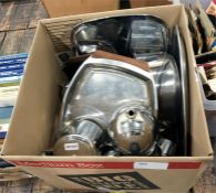 Large quantity of vintage stainless steel including teapot, serving dishes, saucepans, etc (1 box)