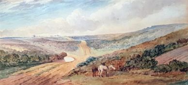 19th century Watercolour  Moorland track Signed prints  Ancient buildings and a river scene (3)