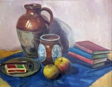Oil painting of a jug, fruit and books, various geological cross sections and others (7)